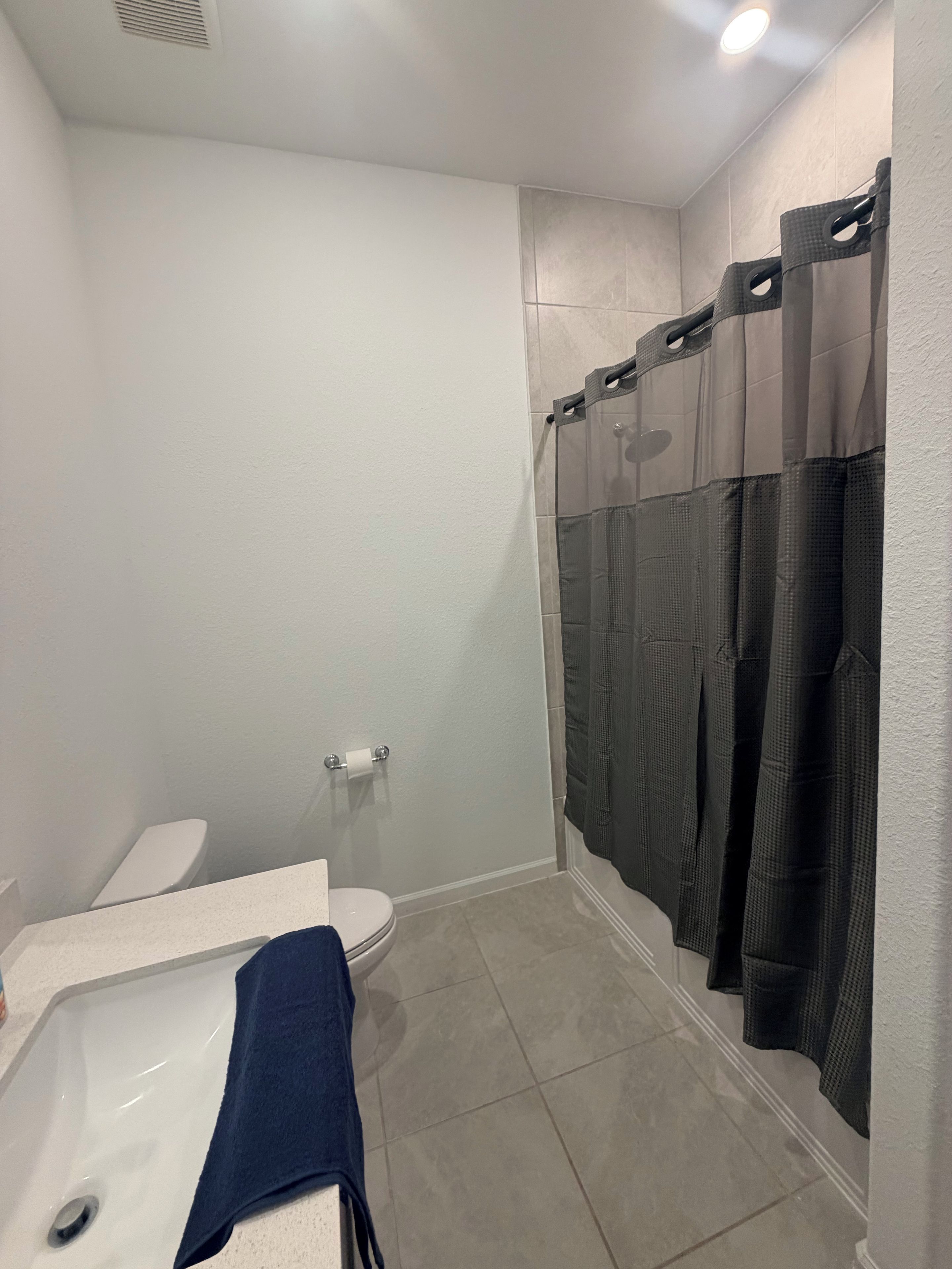 A bathroom with a toilet, sink, and shower curtain.
