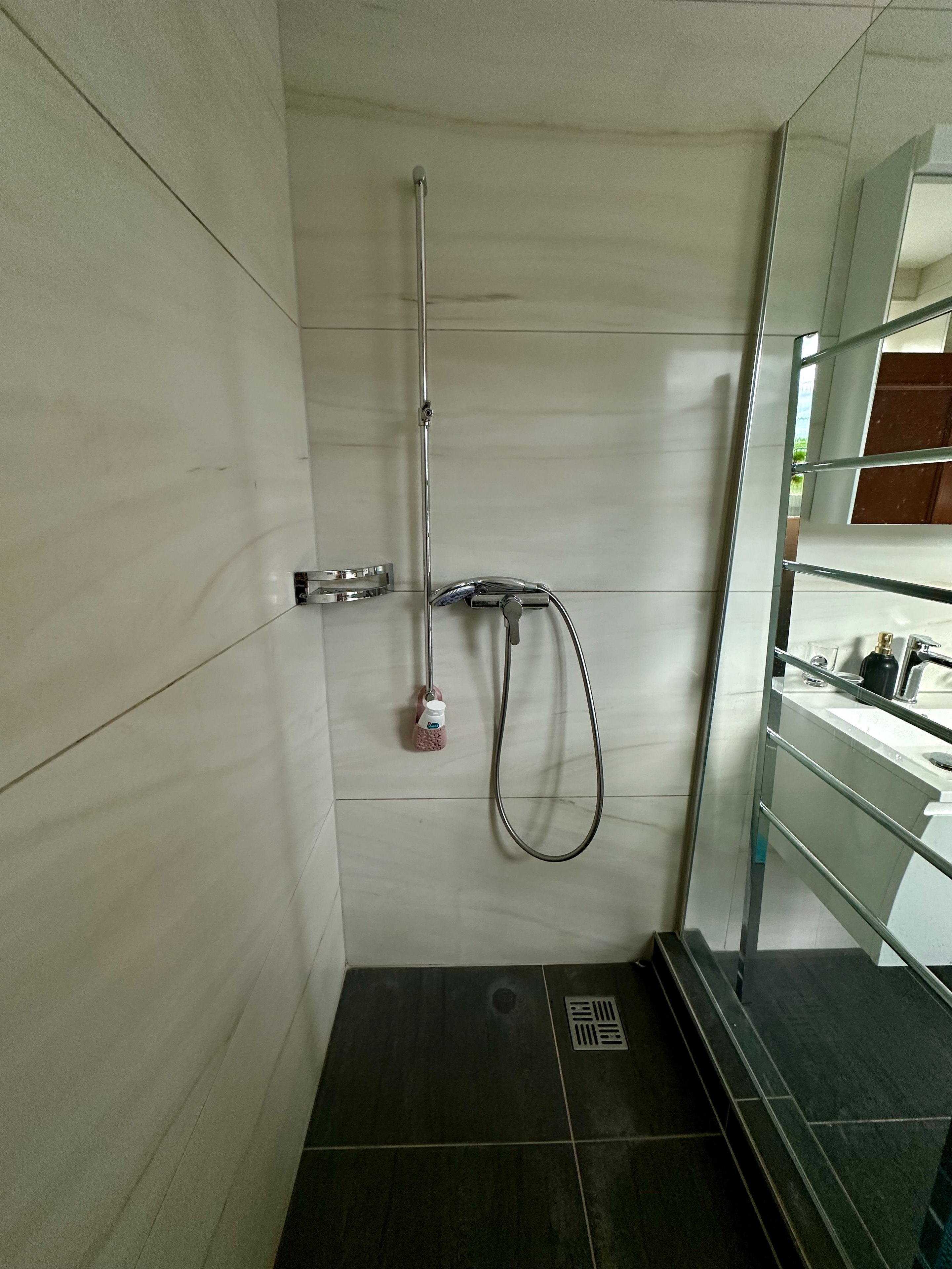 Un baño moderno con cabina de ducha de vidrio, ducha de mano y grifo empotrado.