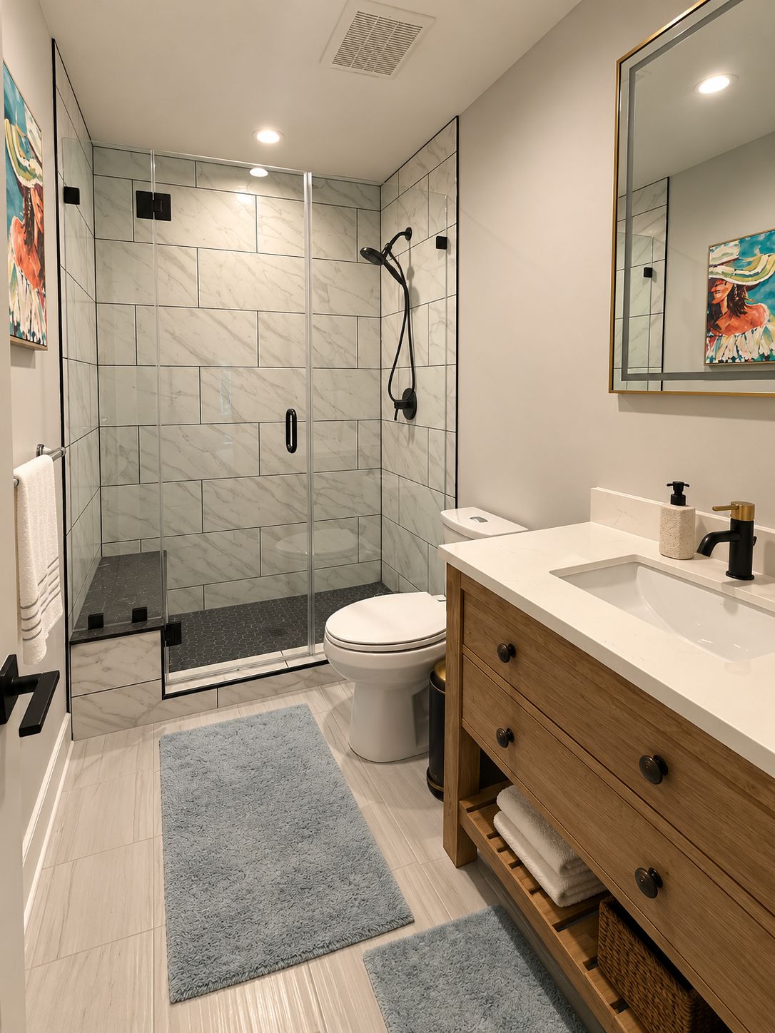 A modern bathroom with a glass-enclosed shower, a toilet, a sink with a towel rack, and a wooden vanity.