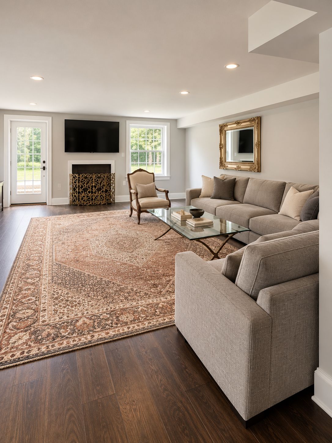 A living room with a sofa, a glass coffee table, a fireplace, and a television mounted on the wall.