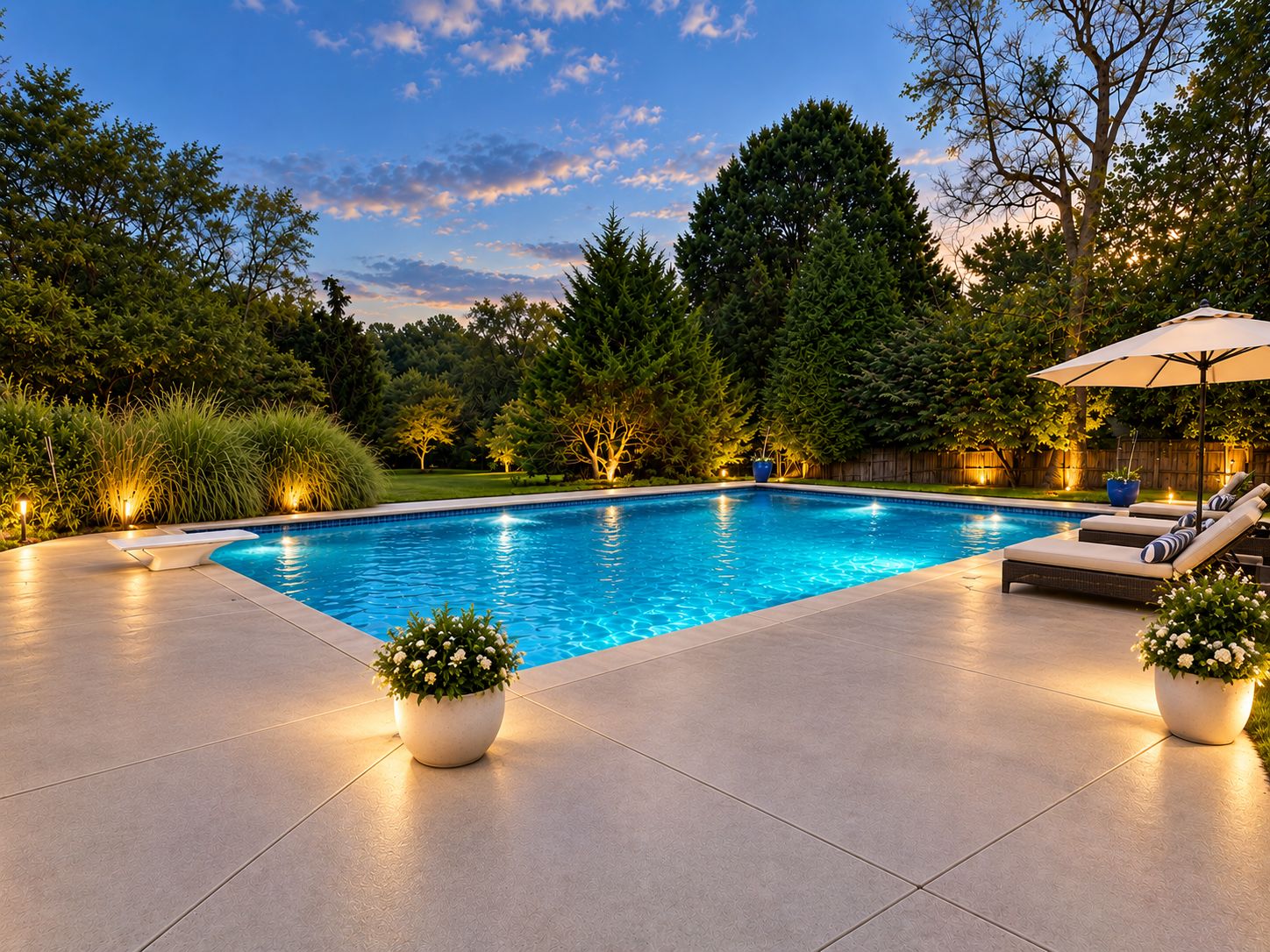 A swimming pool with a tiled deck, surrounded by trees and a wooden fence.