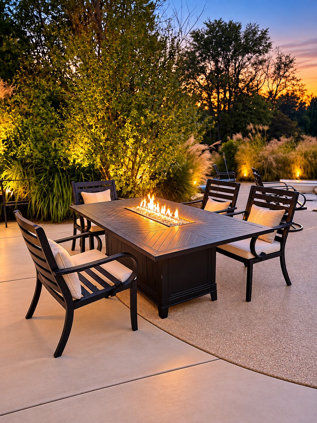 An outdoor dining area with a rectangular table surrounded by chairs, a built-in fire feature, and a backdrop of trees and foliage.
