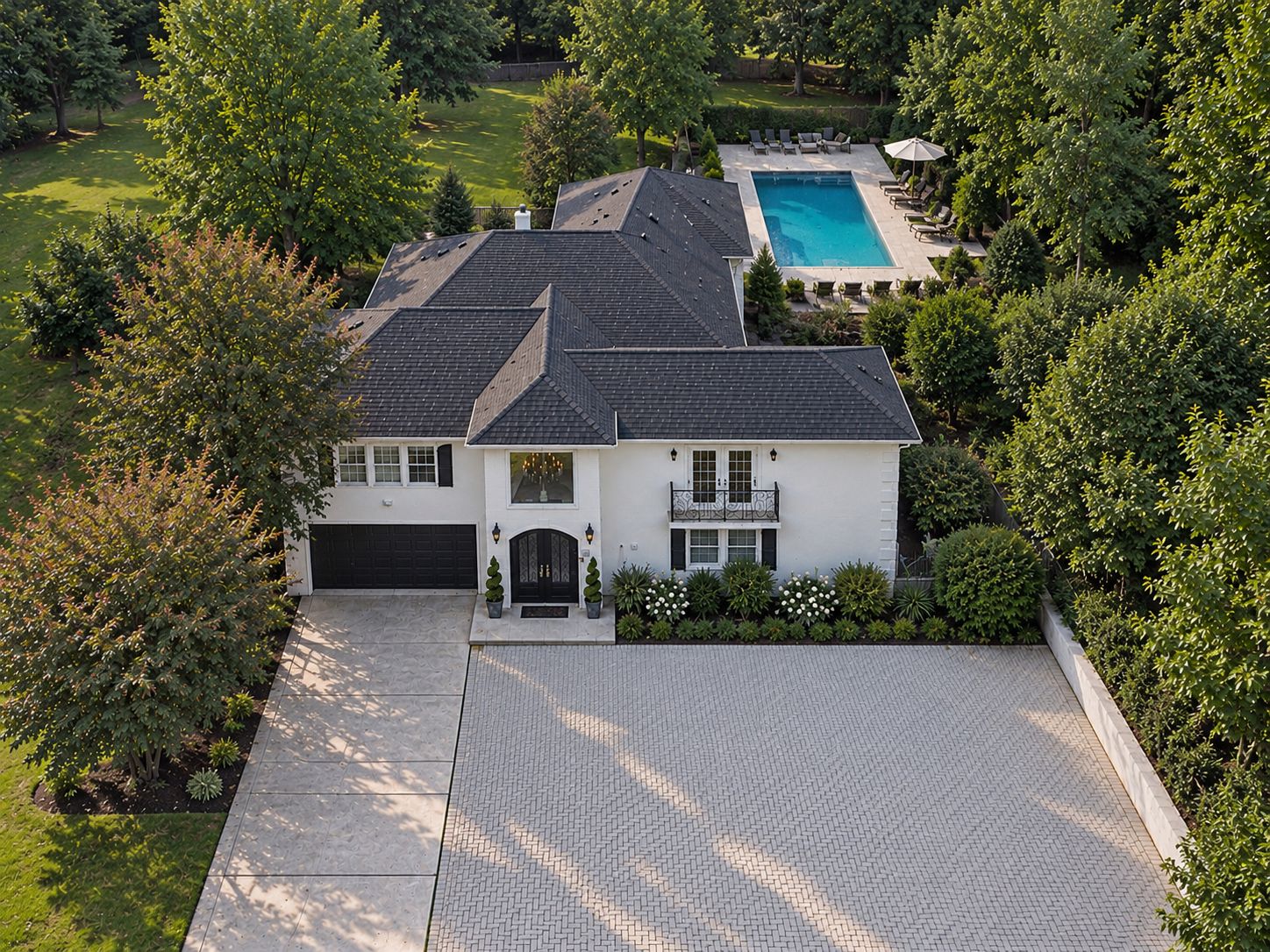 A two-story house with a front yard, a swimming pool, and a garage.