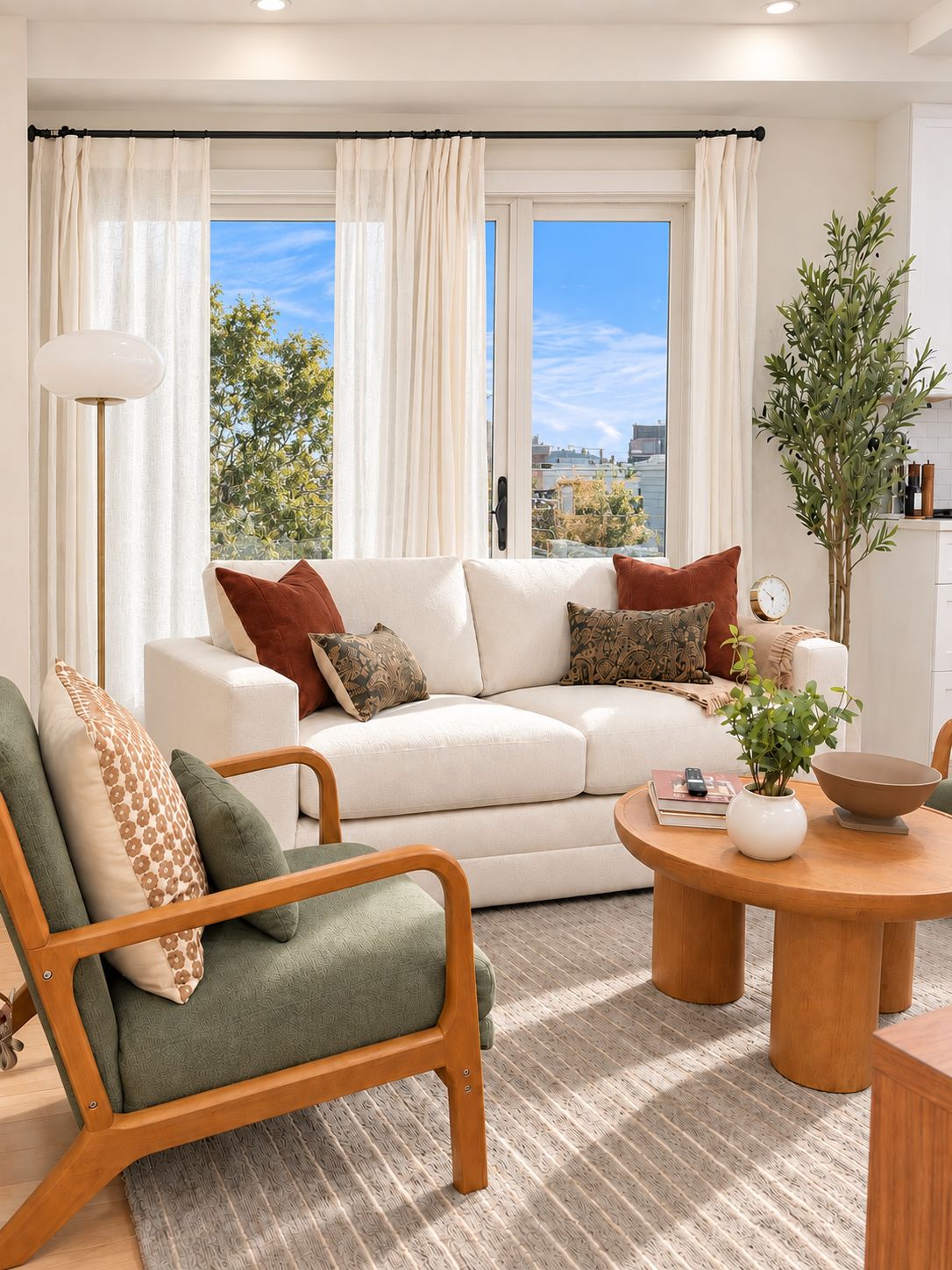 A modern living room with a sofa, armchair, and round coffee table.