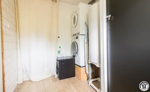 A laundry room with a washing machine, dryer, and a bottle of detergent on a shelf. - The Song of the Mountains (BOUTX)