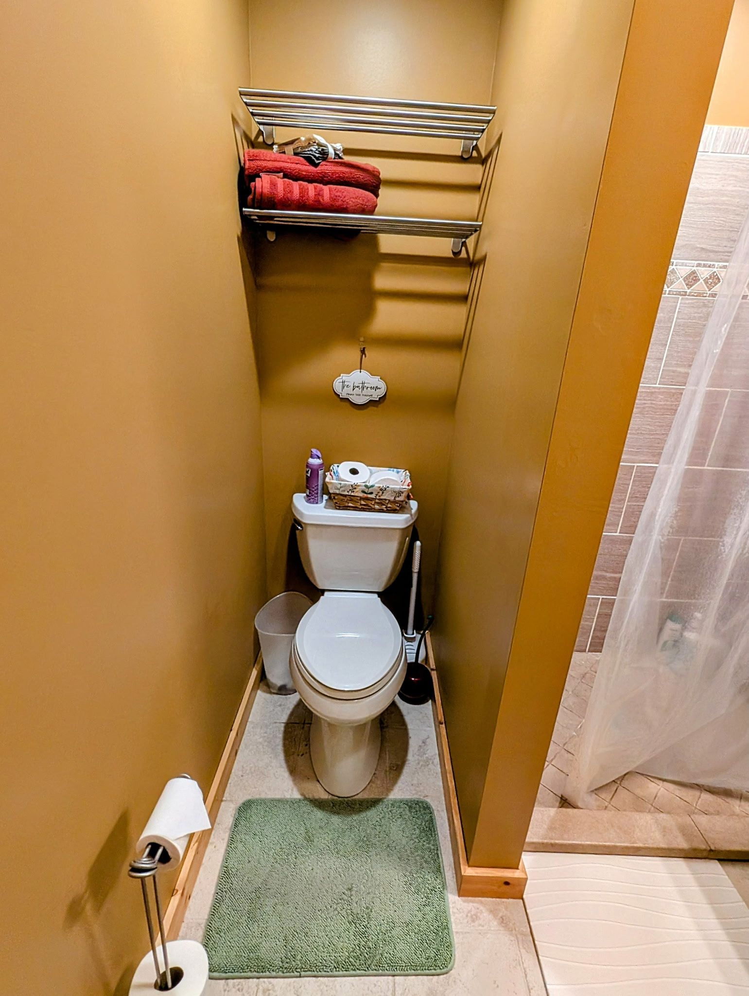 Un baño pequeño con inodoro, una alfombra de baño verde, un perchero con toallas rojas y un dispensador de papel higiénico.