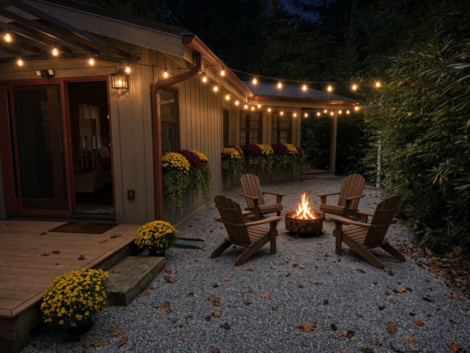 An outdoor seating area with wooden chairs and a fire pit, surrounded by a gravel patio and a wooden deck.