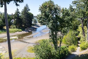 A river flowing through a wooded area with a path alongside. - Pool Kayaks BBQ Tides & Tranquility Suite A (Nanoose Bay)