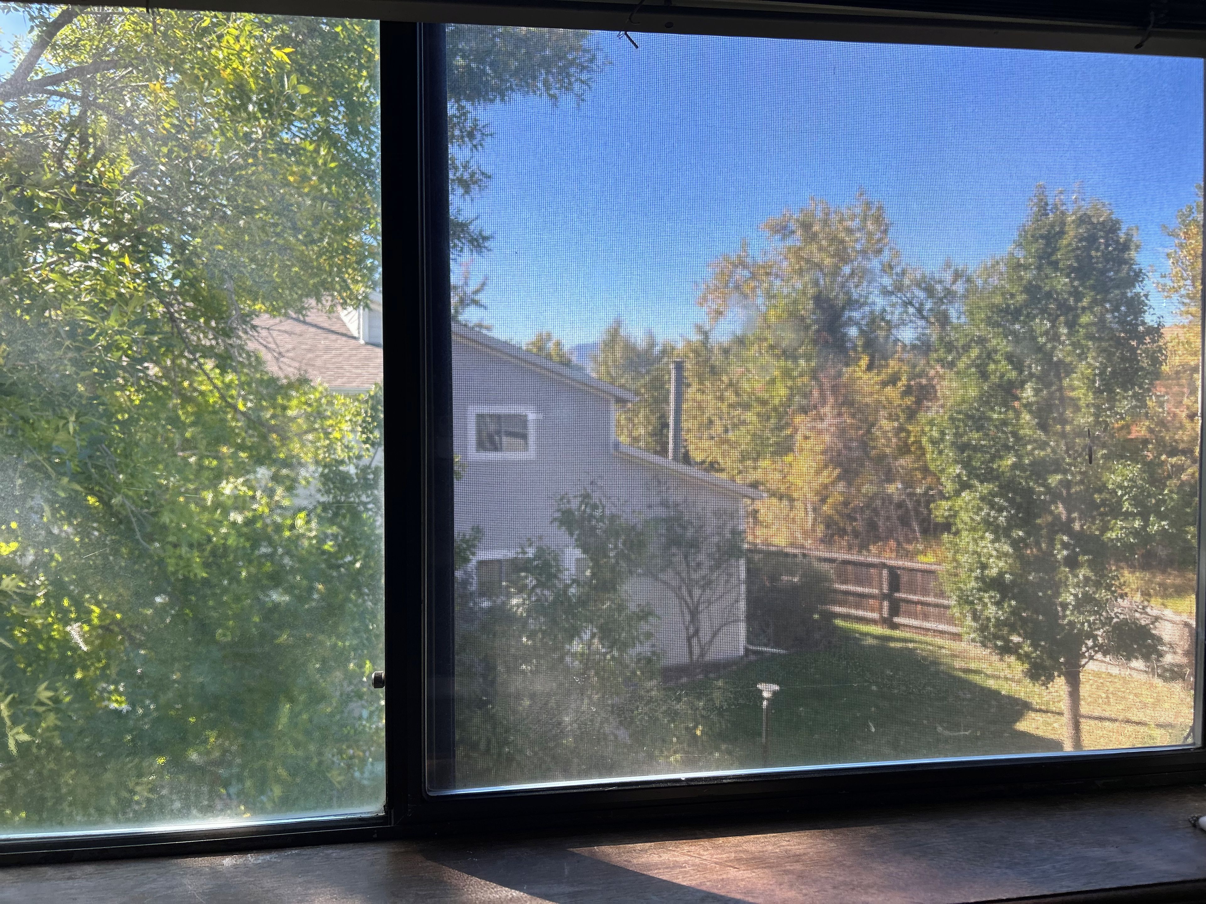A window with a view of a house and trees.
