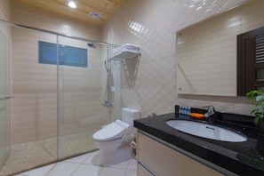 Een moderne badkamer met een douchecabine van glas, een wit toilet, een zwart aanrechtbakje en een spiegel boven het aanrecht.