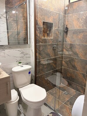 Een badkamer met toilet, bidet en douchecabine met glazen wanden.