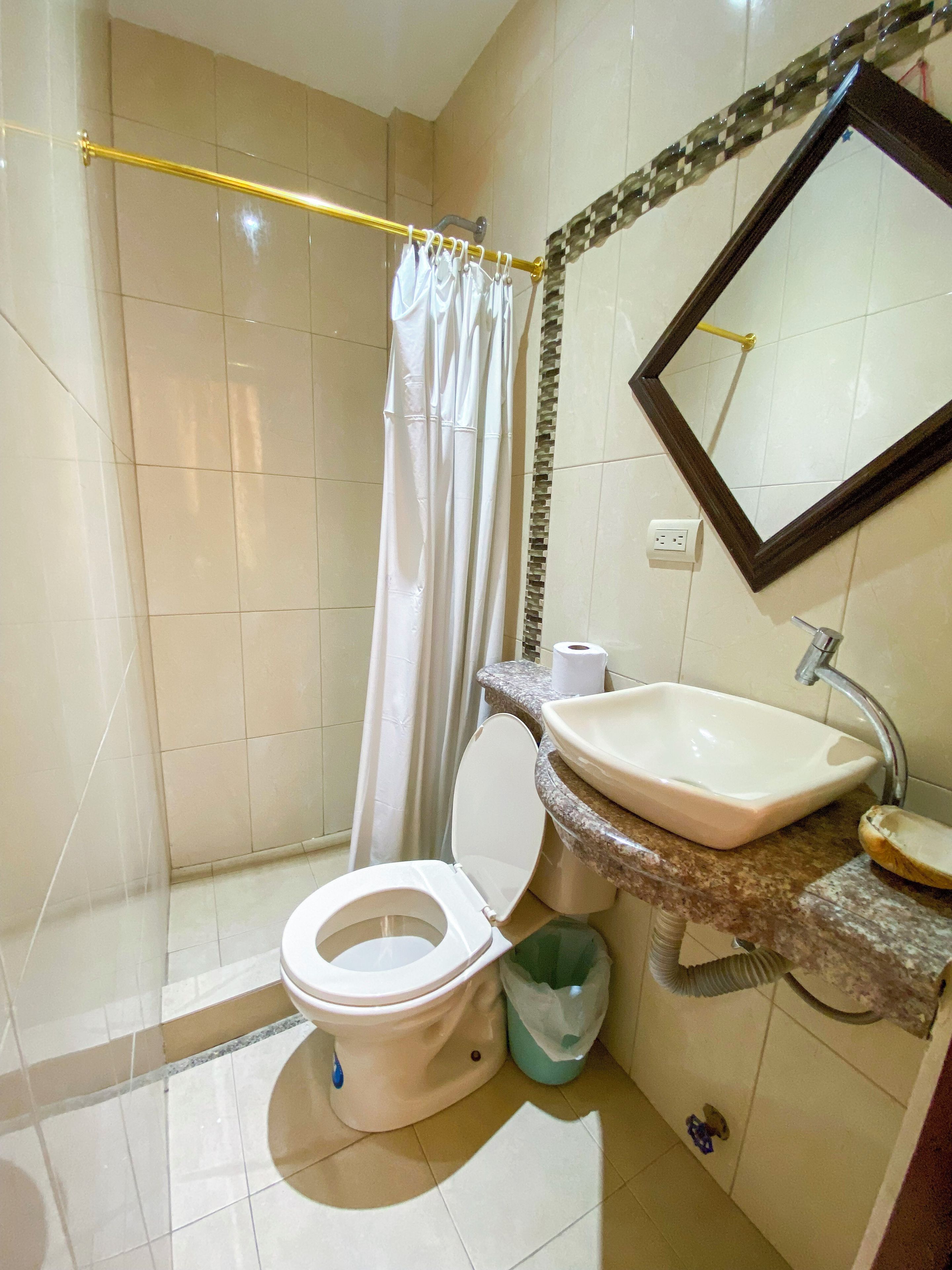 A bathroom with a toilet, sink, shower curtain, and a mirror.