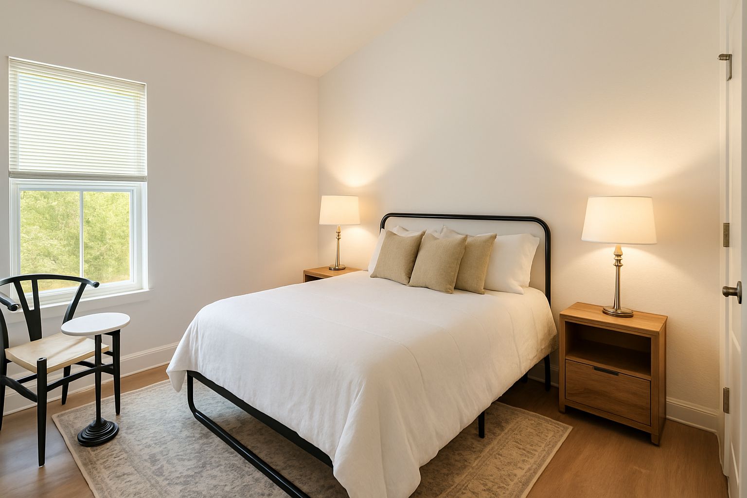A bedroom with a bed, two bedside tables with lamps, a chair, a window, and a door.