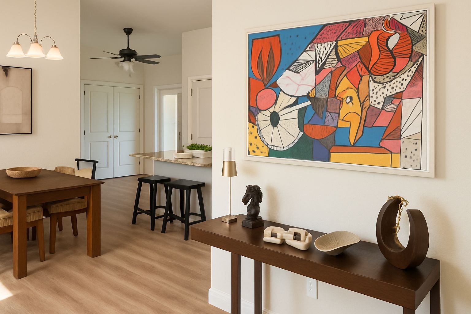 A modern kitchen with a dining area, featuring a wooden table, bar stools, and a decorative wall piece.