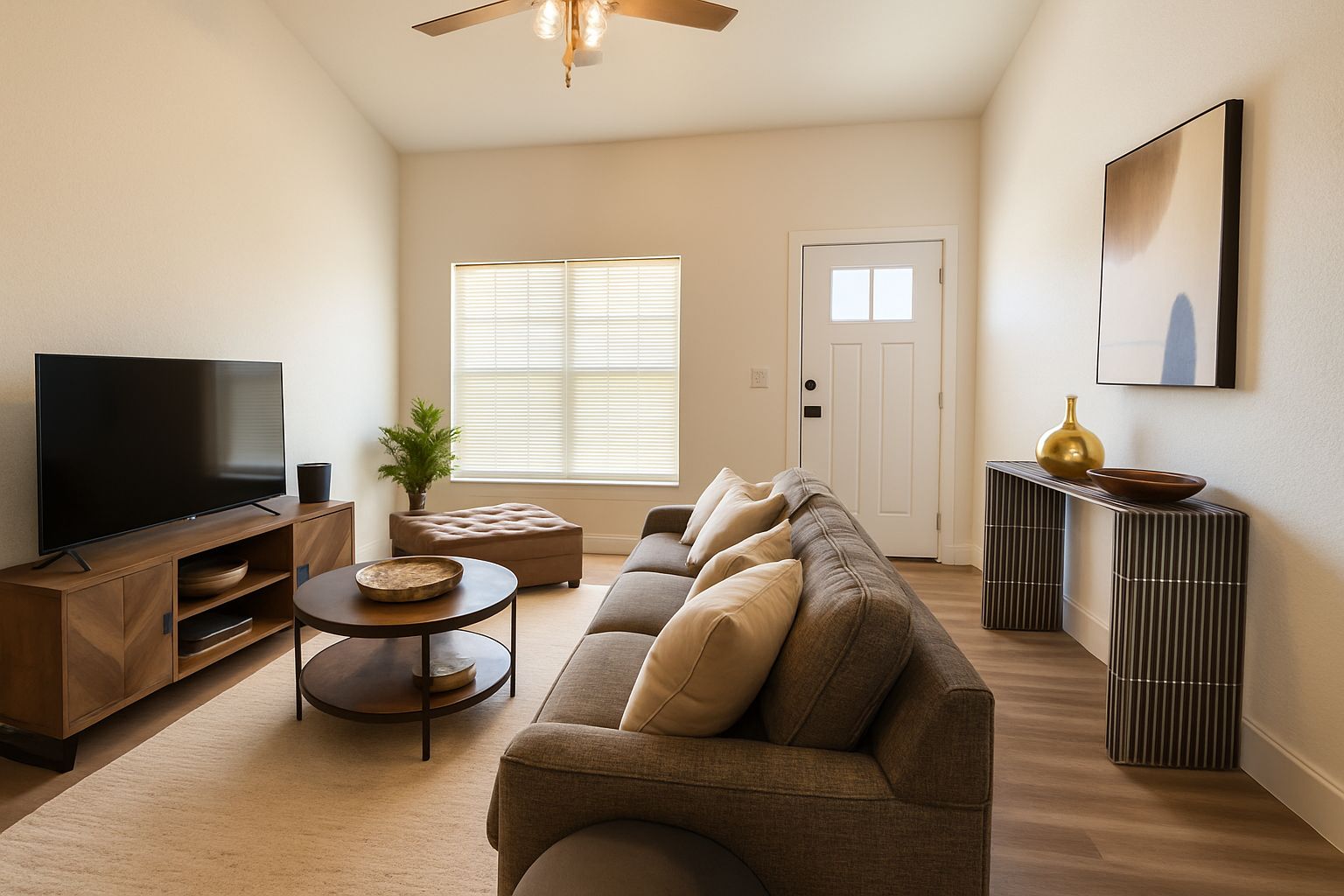A living room with a flat-screen TV, a sofa, a coffee table, and a potted plant.