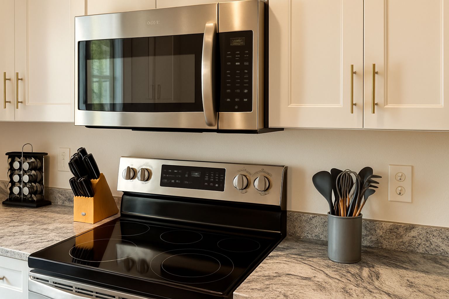 A kitchen with a stainless steel microwave, oven, and stove. There are cabinets, a spice rack, and utensils on the counter.