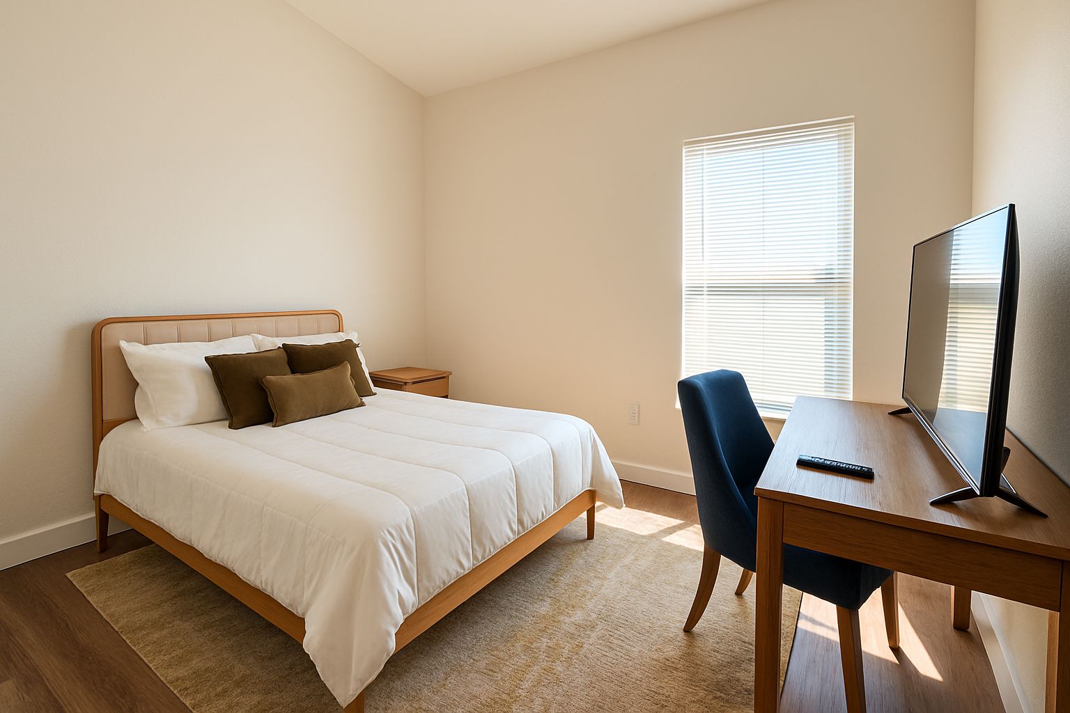A bedroom with a bed, bedside table, and a desk with a chair.