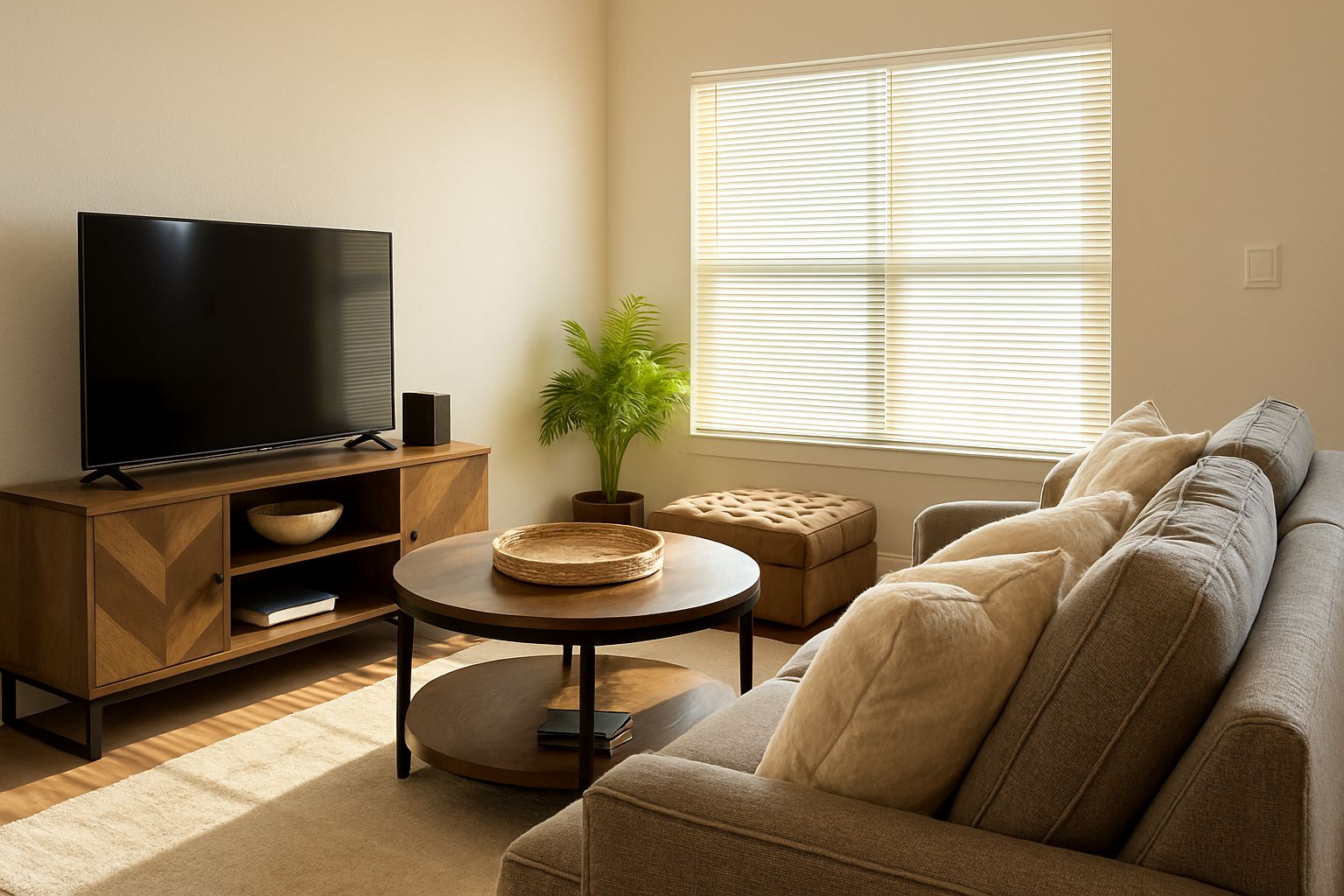 A living room with a flat-screen TV, wooden entertainment unit, round coffee table, beige sofa, and a large window with blinds.