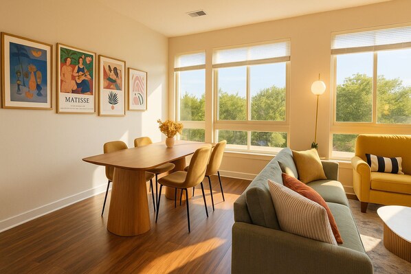 A spacious living room with a dining area, large windows, and artwork on the walls.