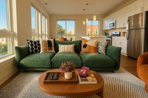 A modern living room with a green sofa, a coffee table, and a view of the kitchen.