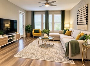 A living room with a sofa, armchairs, a coffee table, a TV, and a ceiling fan. - Luxury 1 Bed + Den • Near IMG Academy • Heart of Bradenton (Bradenton)