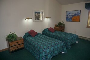 Ein Zimmer mit zwei Betten, jeweils mit einer Karo-Steppdecke, einem Nachttisch mit Pflanze und einem gerahmten Bild an der Wand.