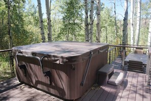 Ein Whirlpool auf einer Holzterrasse, umgeben von Birkenbäumen.