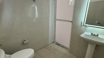 A bathroom with a toilet, a sink, and a shower area.