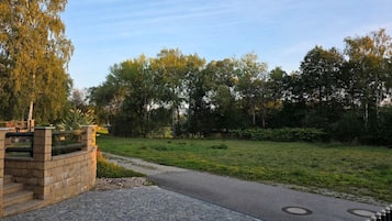 Een verhard pad dat door een park loopt, met een stenen muur aan de ene kant en bomen op de achtergrond.