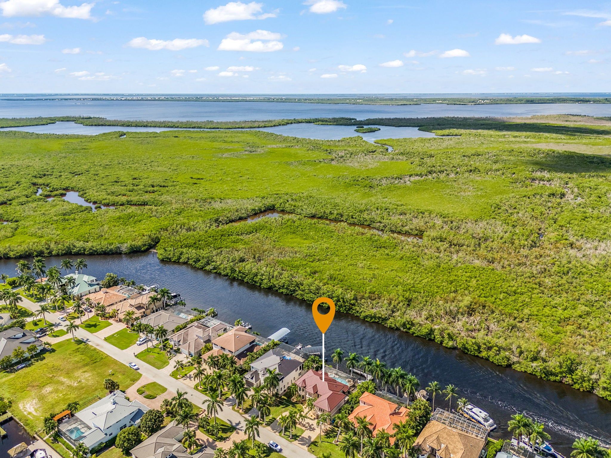 Vista aérea de una zona costera con un río, vegetación verde y un área residencial con casas y palmeras.