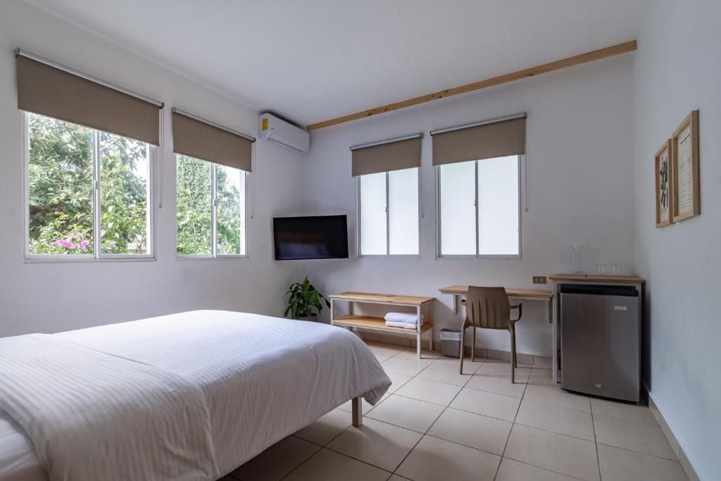 A room with a bed, a desk, a chair, a television, and a refrigerator.