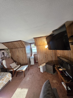A compact living space with a television, a small kitchenette, and a seating area with a chair and a sofa. - Charming 2-bedroom apartment  in Springfield (Springfield)