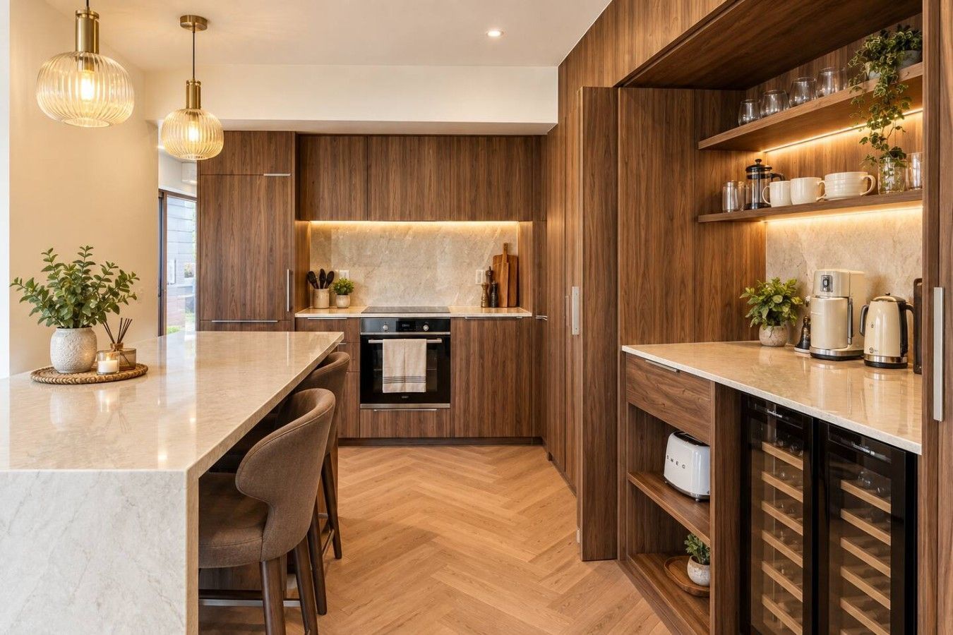 Een moderne keuken met houten kasten, een ingebouwde oven en een bar met barkrukken.