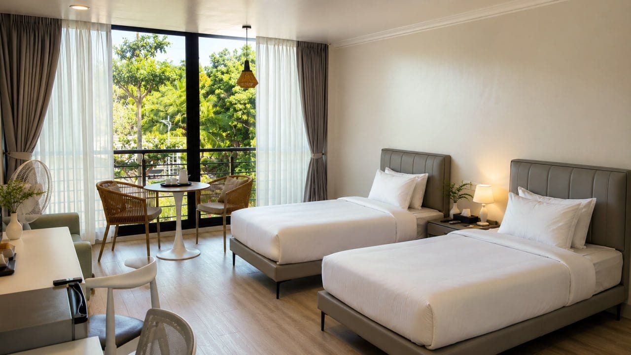 A hotel room with two beds, a dining table, chairs, and a balcony with curtains.