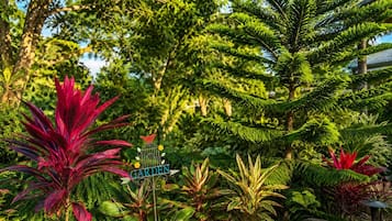 A lush garden with a variety of plants and a sign indicating a garden area.