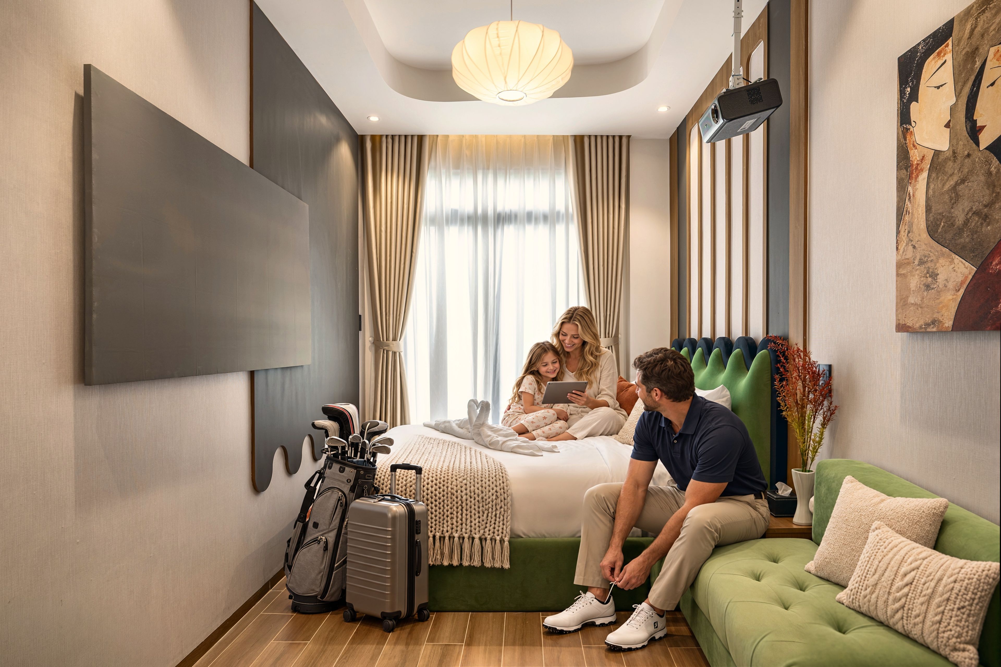 A hotel room with a bed, a green sofa, a television, a projector, and a painting on the wall.