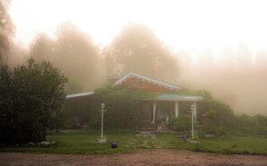 A house with a porch, surrounded by greenery and fog. - Nestled in a pine forest close to 4 parks including Algonquin.  Rustic log house (South River)