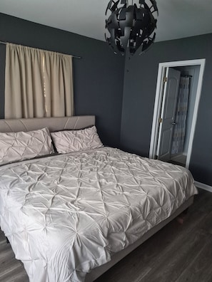 A bedroom with a bed, curtains, a mirror, and a door. - Cozy 2-bedroom bungalow in delightful Anderson with AC (Anderson)