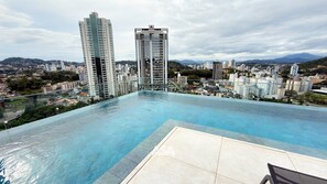 Ein Pool mit Infinity-Kante auf einem Dach, mit Blick auf eine Stadtlandschaft, umgeben von Hochhäusern.