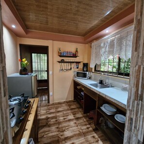 A compact kitchen with a gas stove, microwave, and sink. - Green Paradise Home. (Provincia de Alajuela)