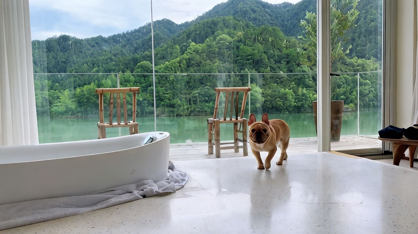 A room with a large bathtub, two wooden chairs, and a view of a lake and forest.