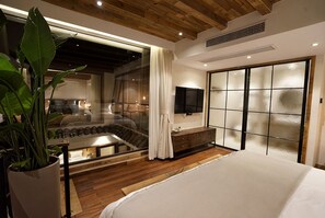A modern bedroom with a large bed, a TV, a sliding glass door, and a potted plant. - ZHU85 (Lishui)