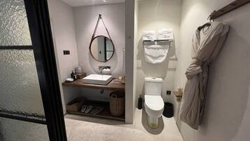 A modern bathroom with a sink, mirror, toilet, and a robe hanging on the wall.