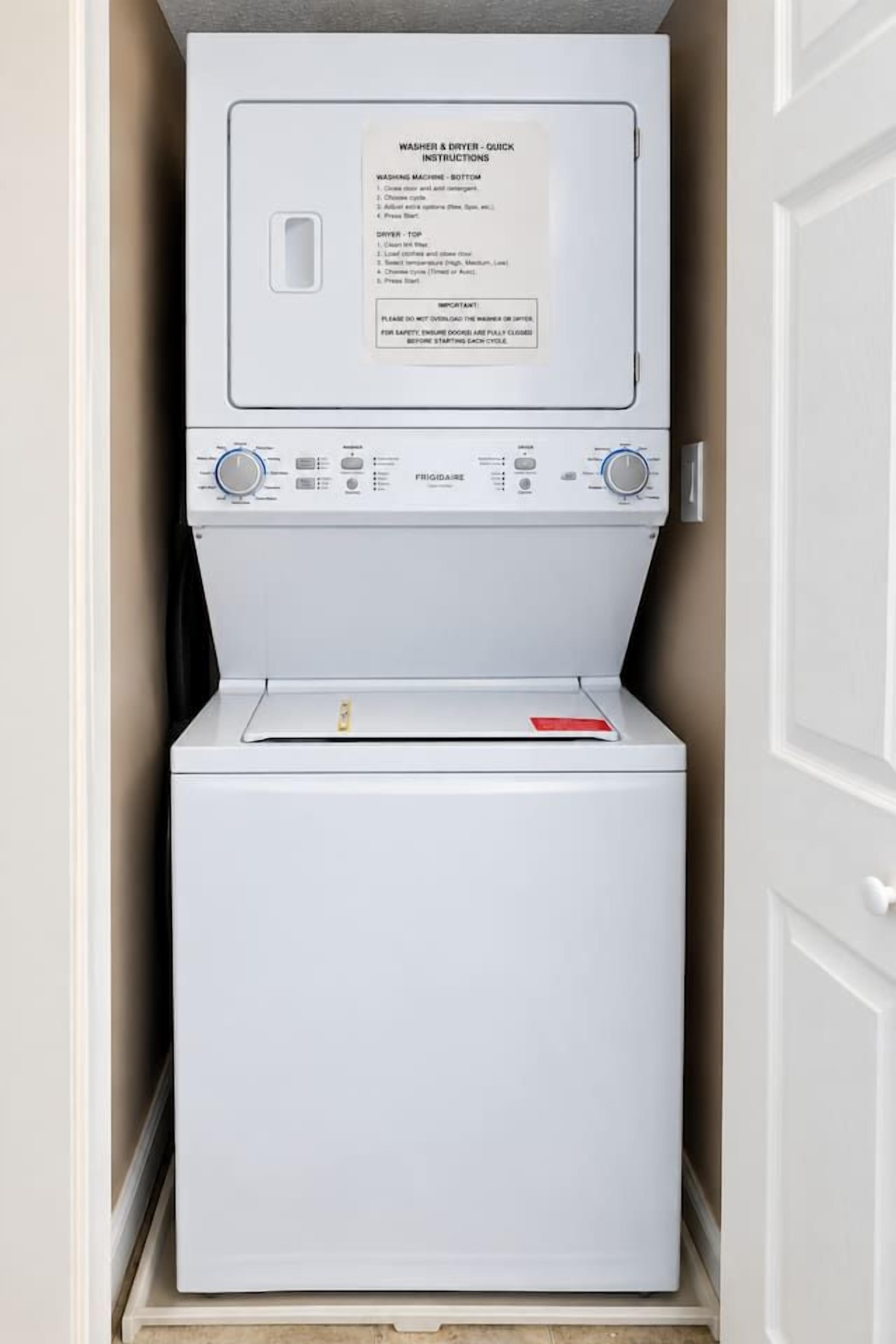 Laundry & Essentials: Enjoy the convenience of a modern full-size washer and dryer with whole utensil in sink drawer and appliances, plus an iron and ironing board conveniently located in entrance closet, Everything you need for a comfortable stay.