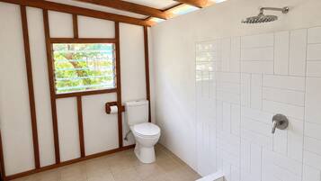 A bathroom with a toilet, a shower, and a window with a view of greenery.