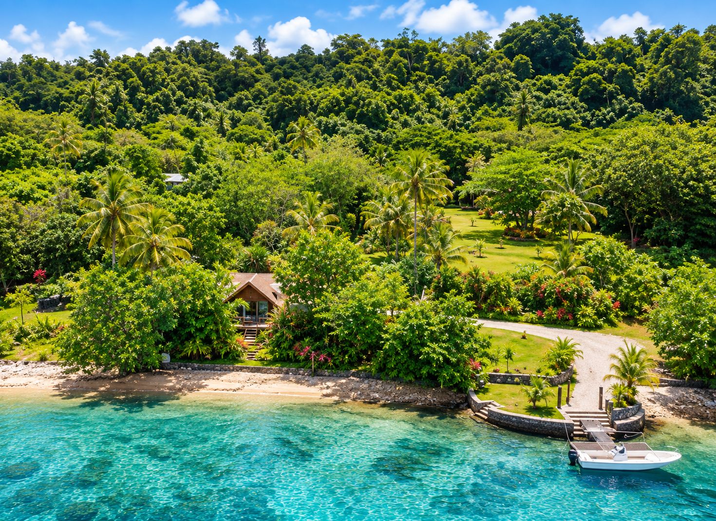A tropical resort with a beachfront, clear waters, and lush greenery.