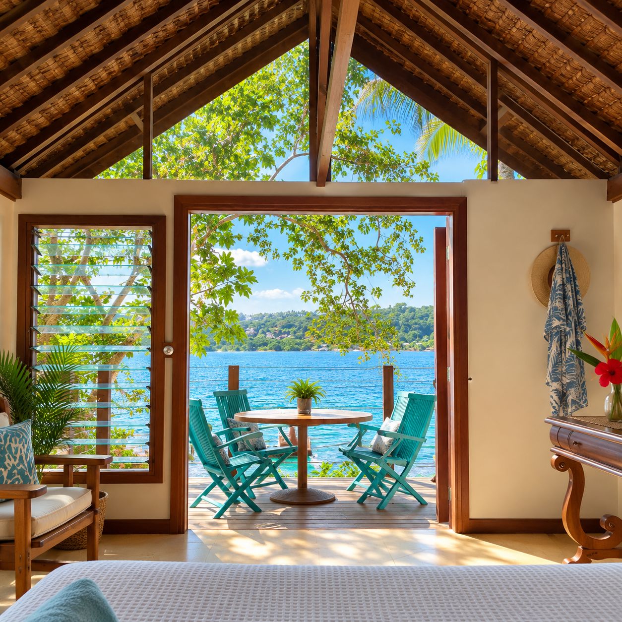 A room with a view of the sea, a round table with chairs, and a bed.