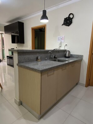 A modern kitchen with a granite countertop, stainless steel sink, and a built-in oven. - Modern apartment in Gazcue, near the Zona Colonial - Malecón (Santo Domingo)