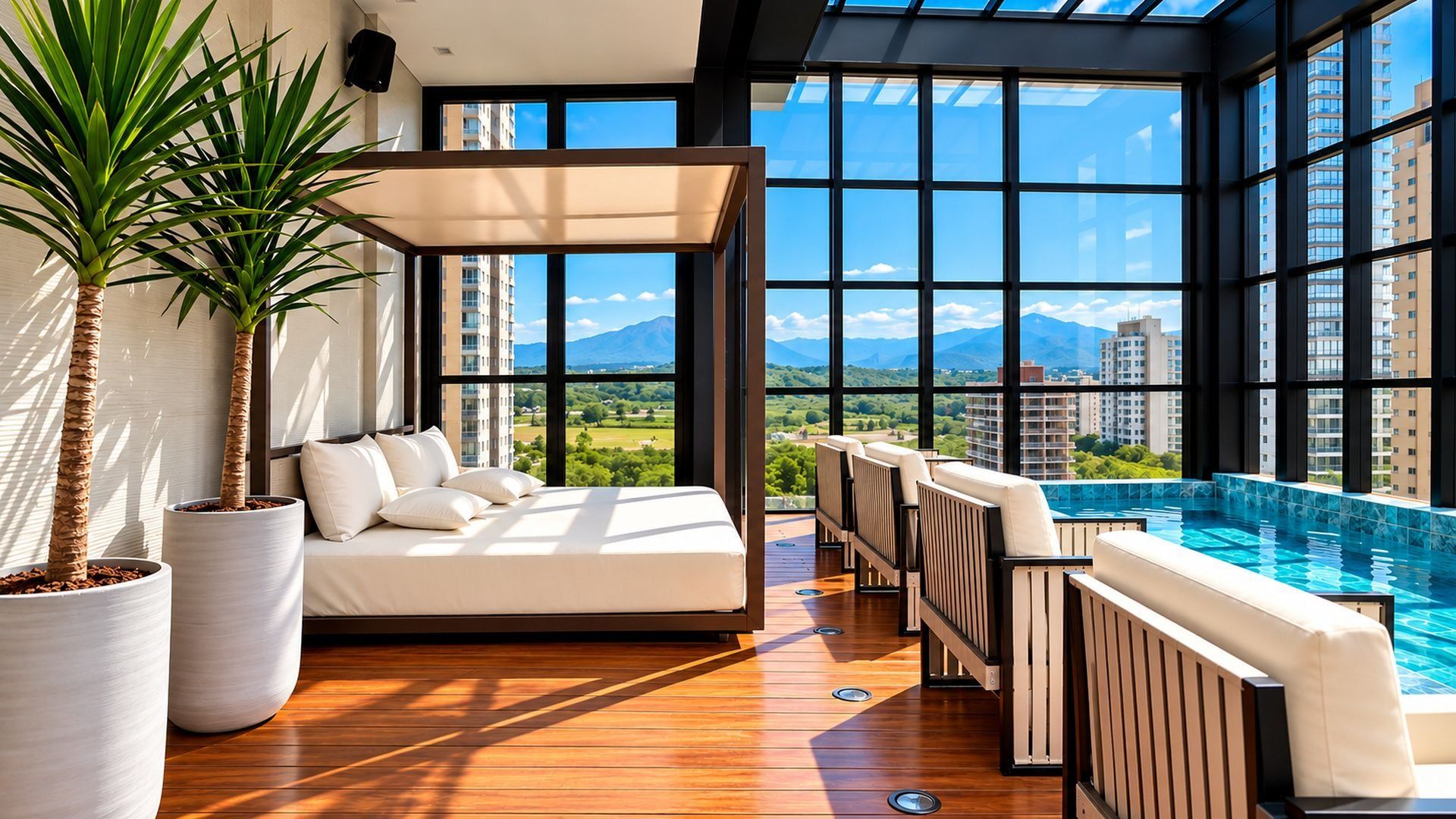 A modern room with a large window, a sofa, a pool, and potted plants.