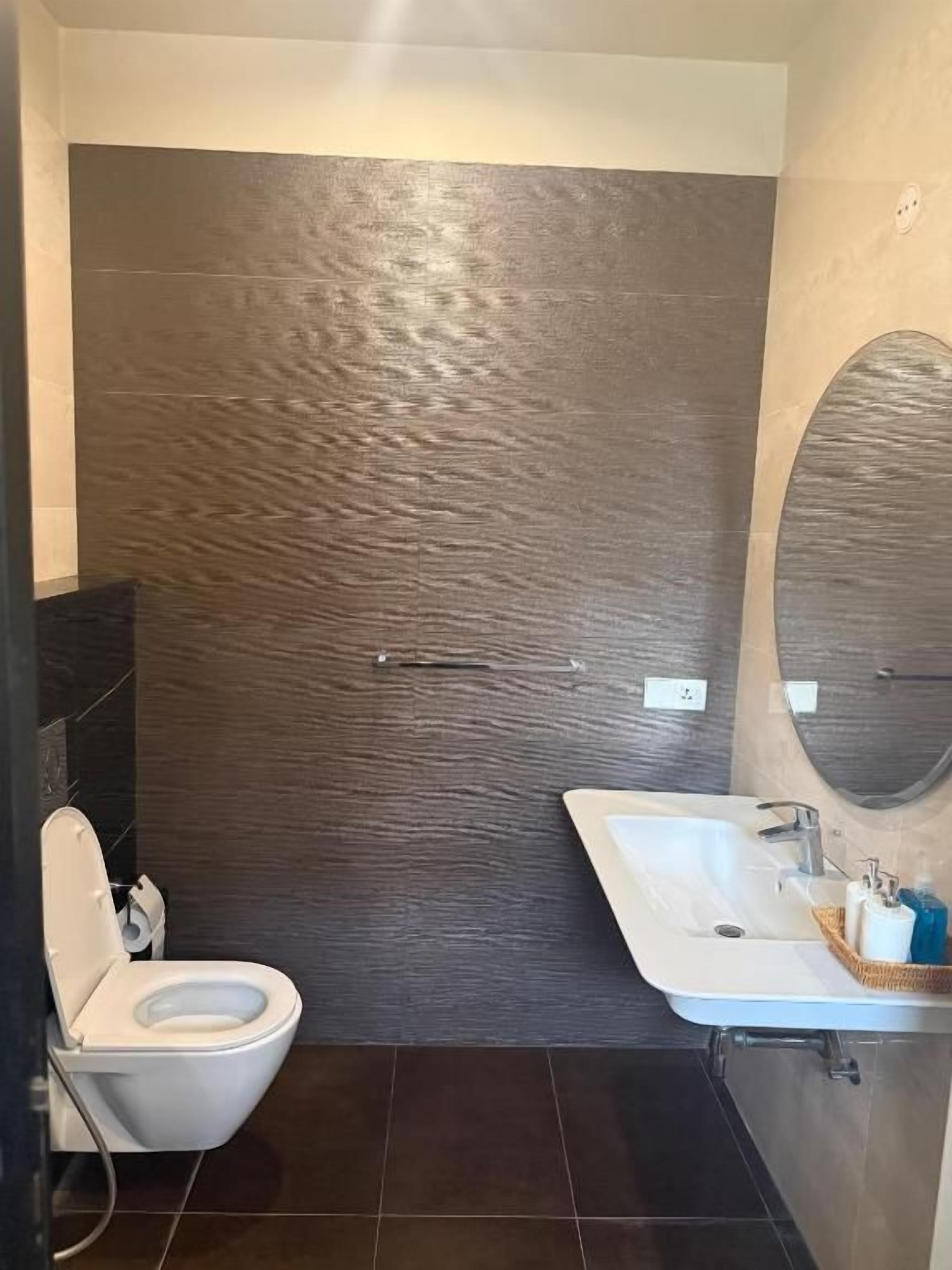 A bathroom with a toilet, sink, and mirror.